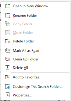 The right-click options for Outlook folders